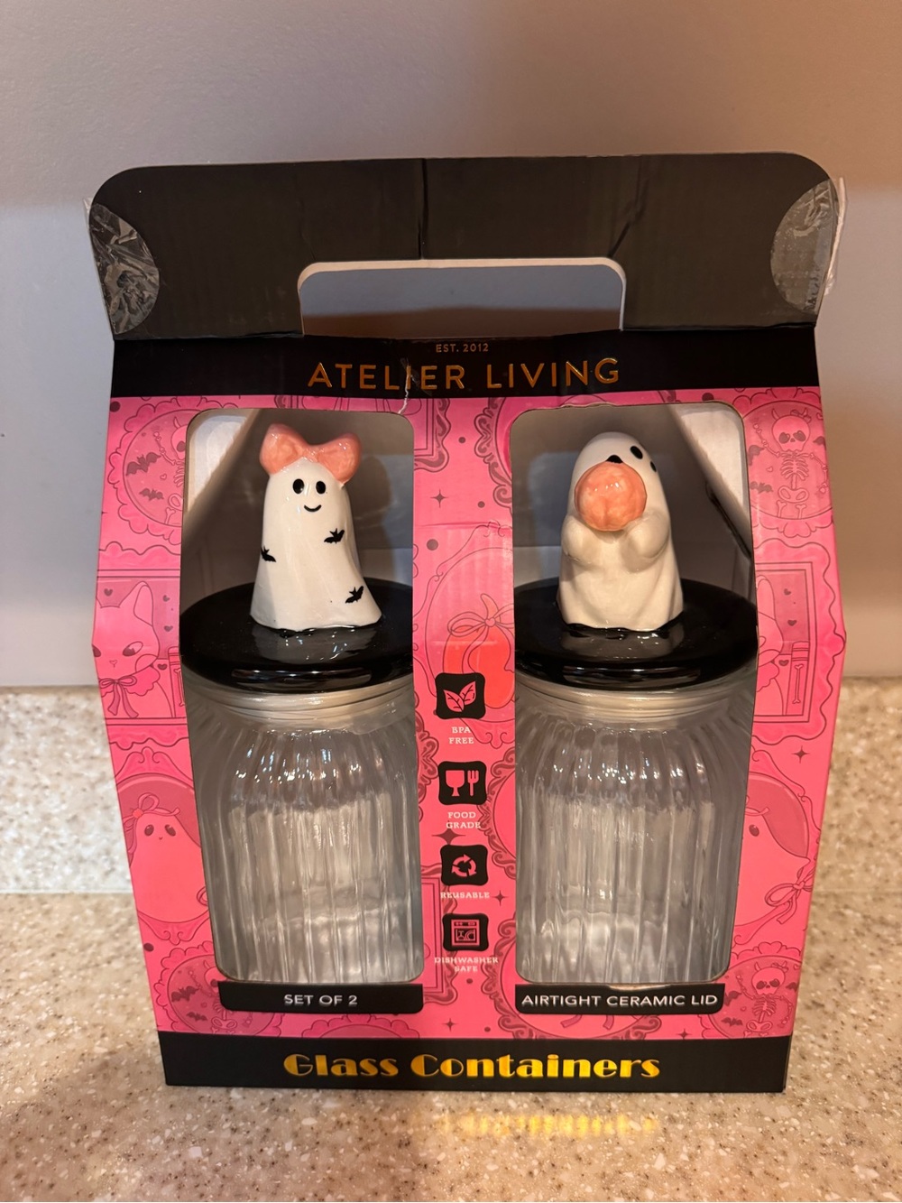 Atelier Living Pink Ghost Halloween Glass Containers Set of 2